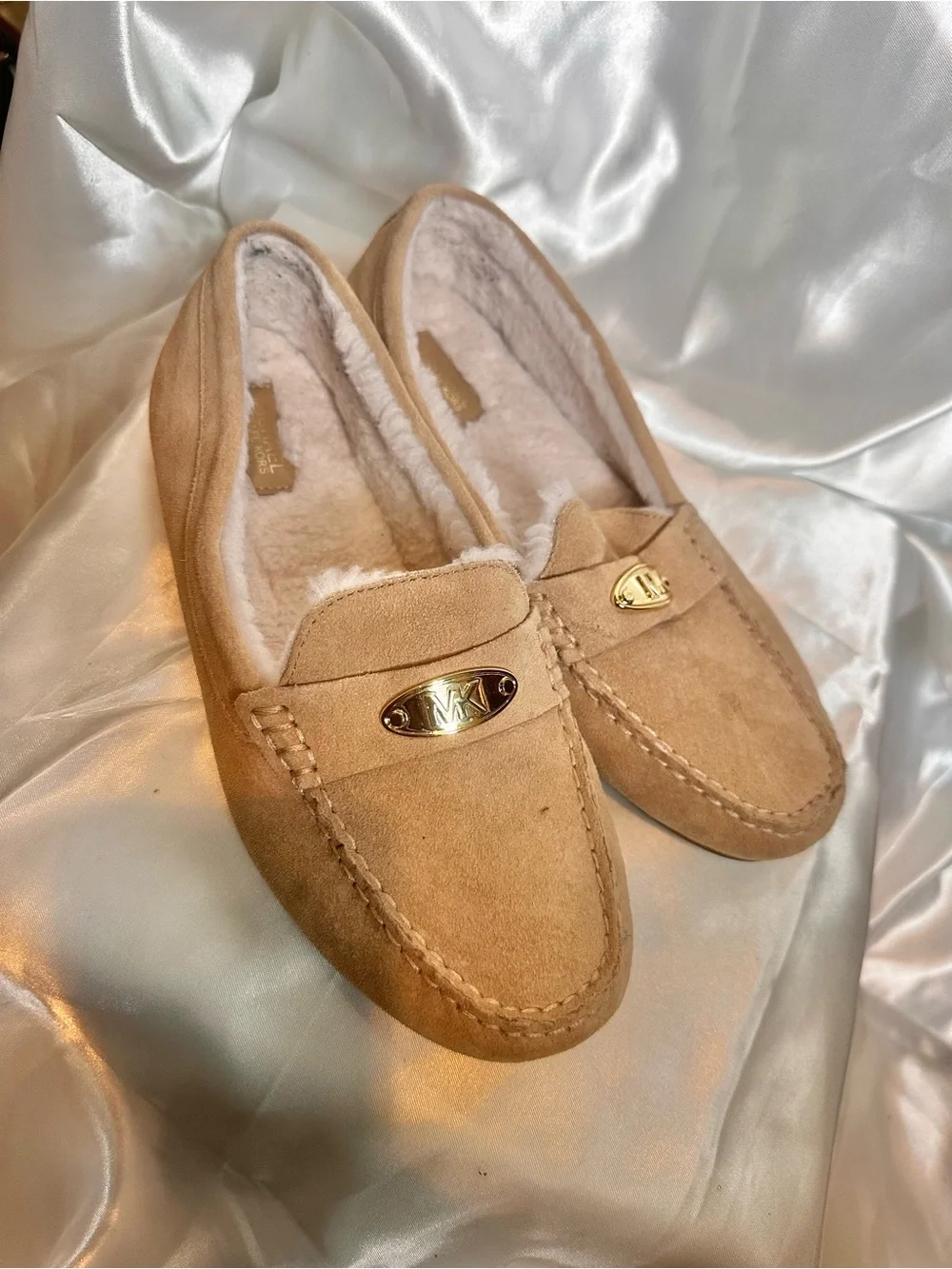 Michael Kors Tan Suede Shearling-Lined Slip-On Loafers